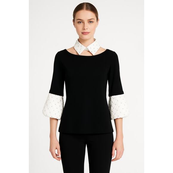 Anne Fontaine Meloe Pullover Top with Woven Pleats and Embroidered with Beads - Picture 1 of 15